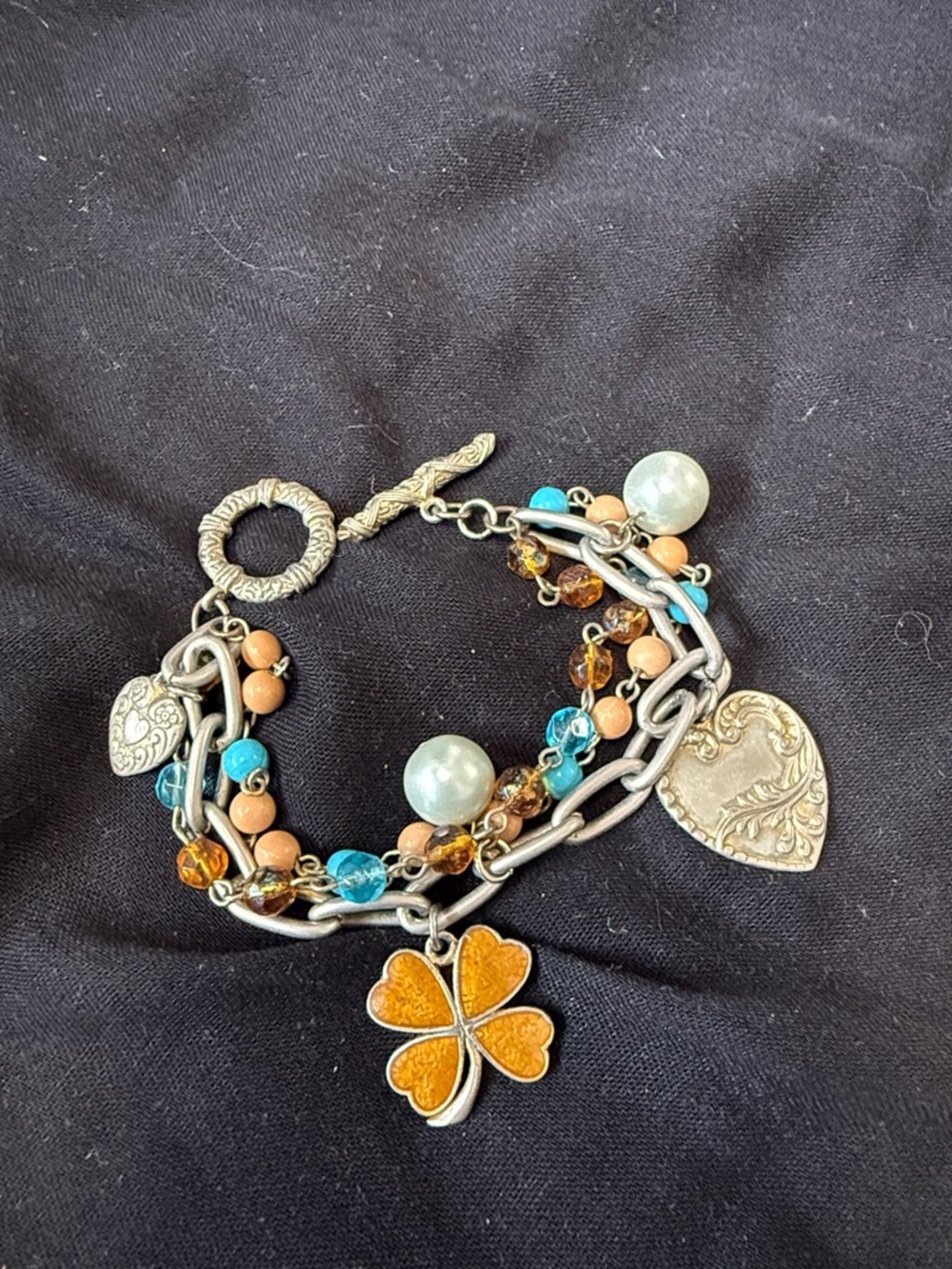 Multicolor Charm Bracelet with Gold Clover and Heart Charms